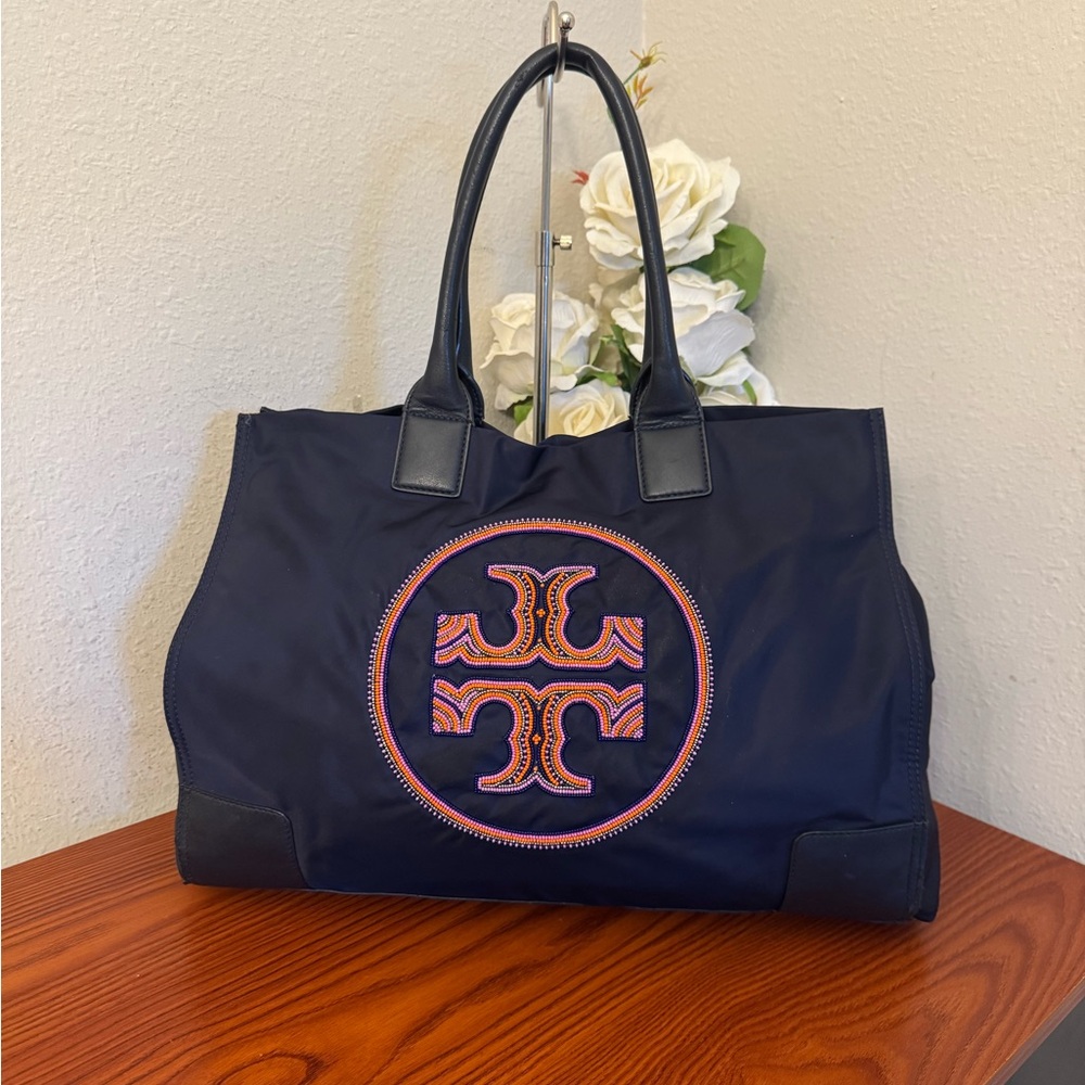 Tory Burch Navy Canvas Tote with Pink and Orange Embroidered Logo